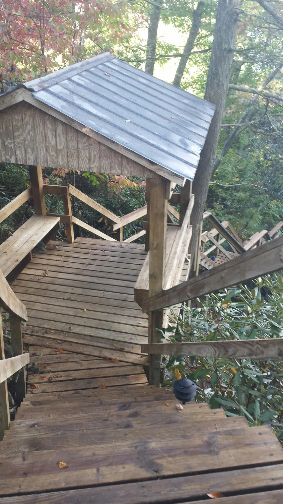 Metal roofed shelter over wooden steps on a wooded walkway — Skylight Repair & Installation work by our crew in Brandeis